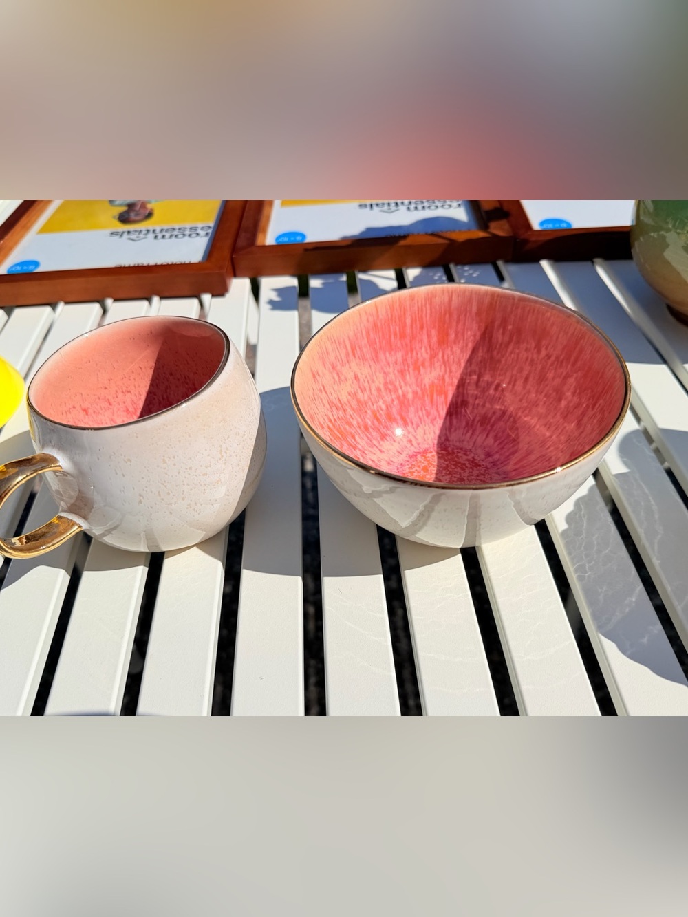 NWT Anthropologie Cream and Coral Pink Speckled Ceramic Bowl with Gold Accent